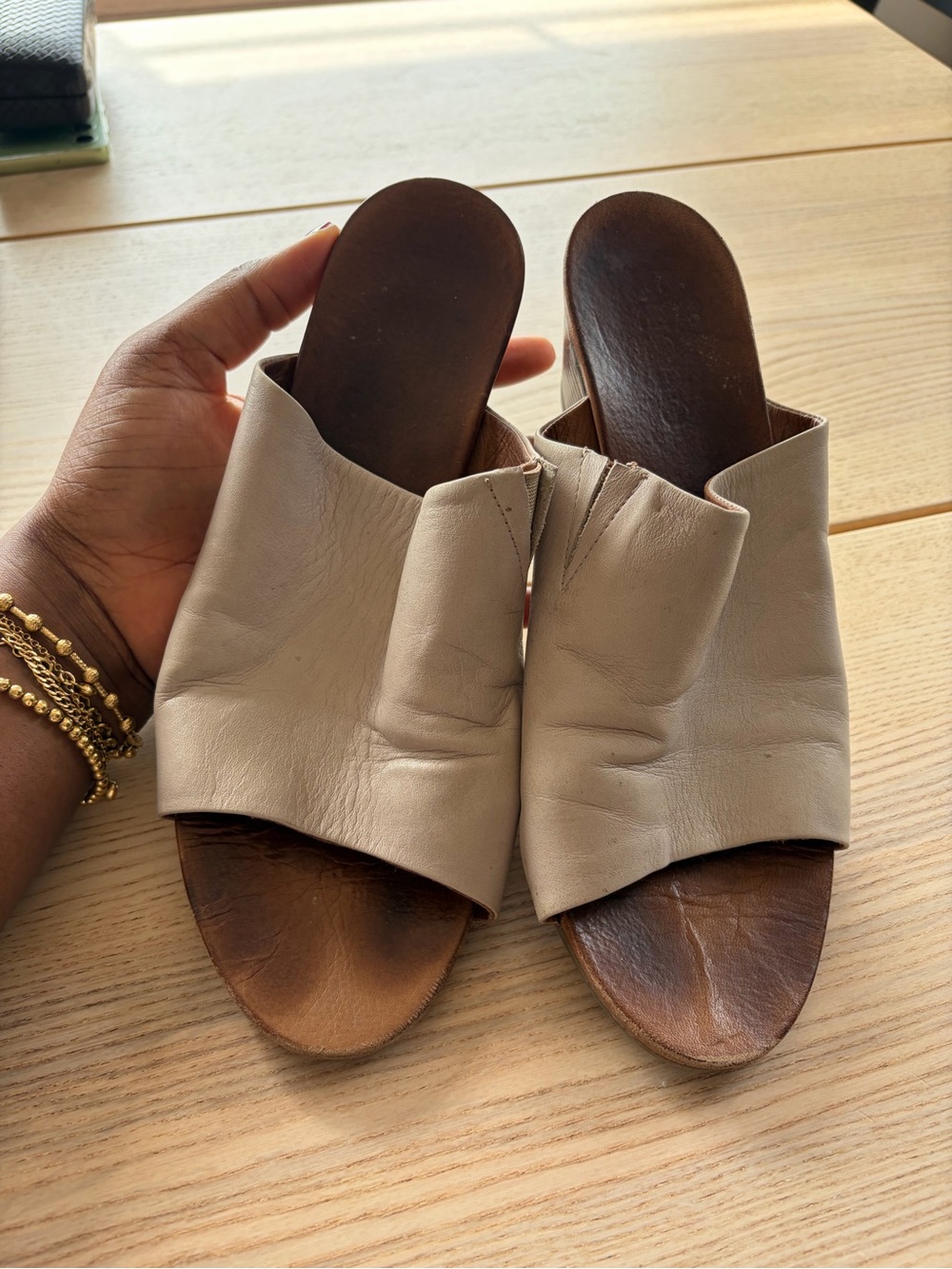 Bueno Taupe Leather Slide Mules